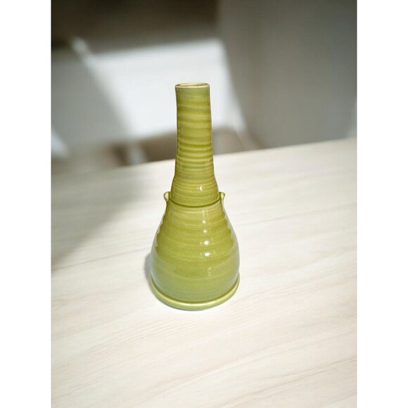 Pottery Studio Green Artist Made Stoneware Bud Vase Marked Hand Thrown Modern - Picture 1 of 9